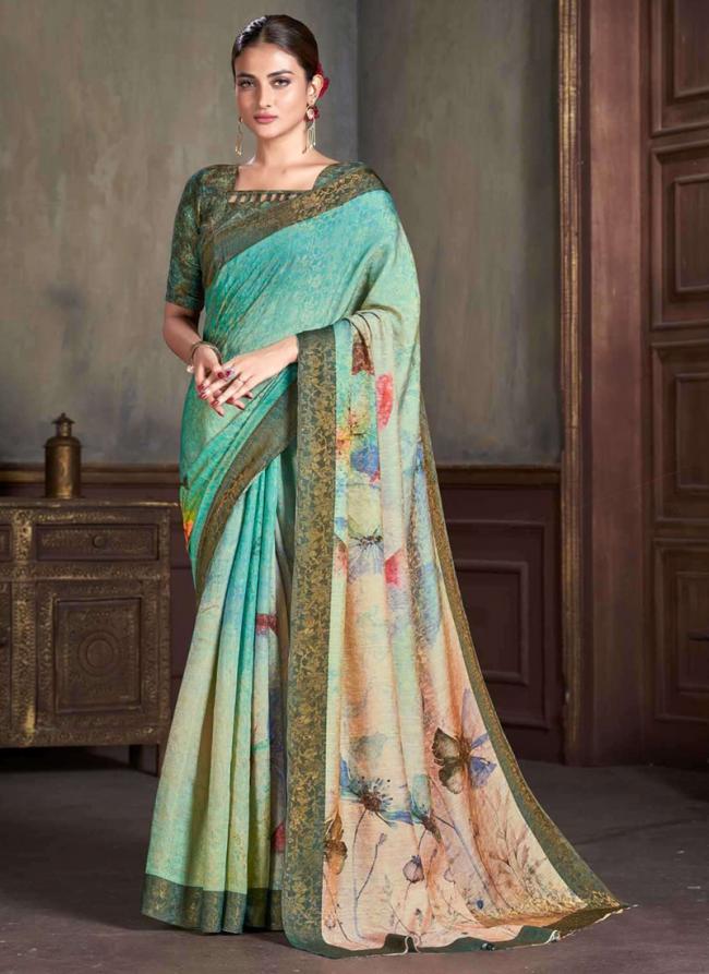 Natural Silk Sky Blue Casual Wear Printed Saree